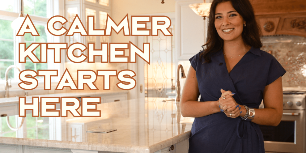 Taj_Mahal_Kitchen_Milwaukee_Waukesha A smiling woman stands in a kitchen with the text A CALMER KITCHEN STARTS HERE