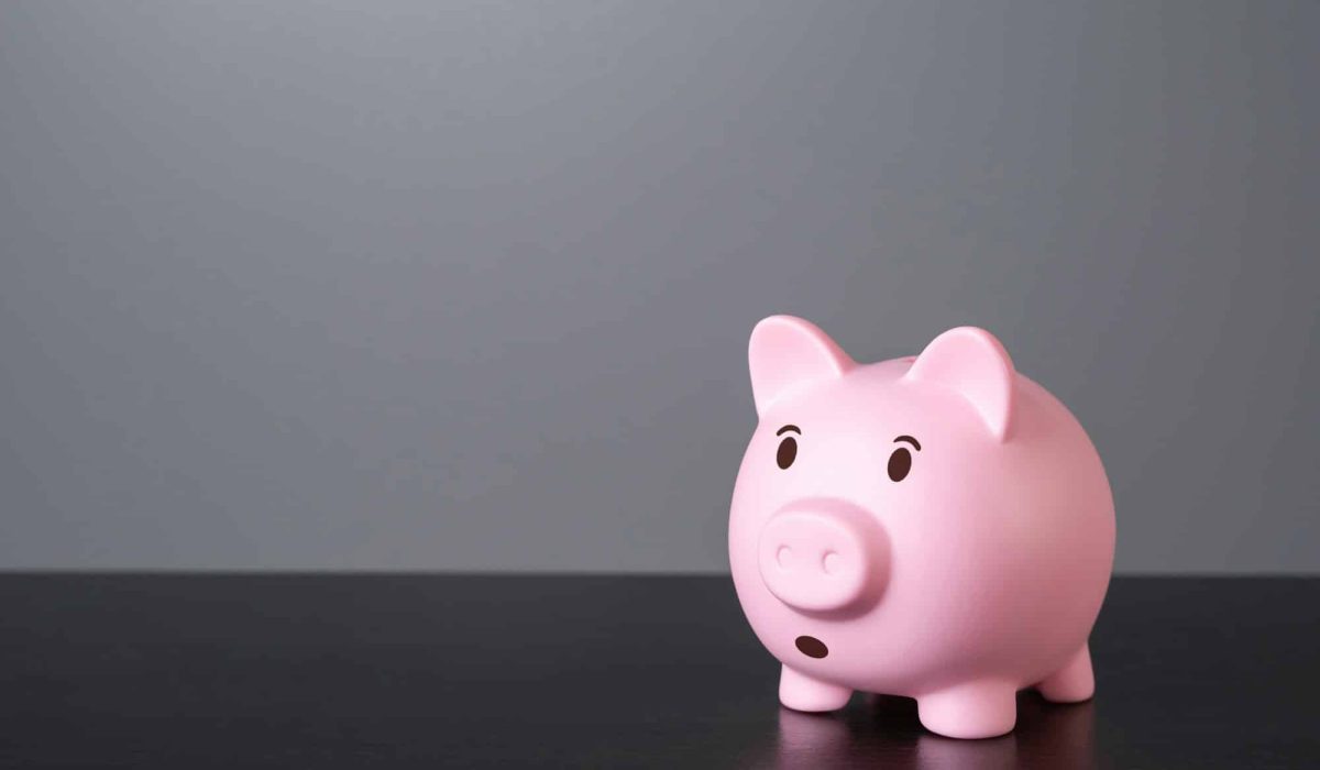 Surprised and worried piggy bank. Financial risks and saving savings.